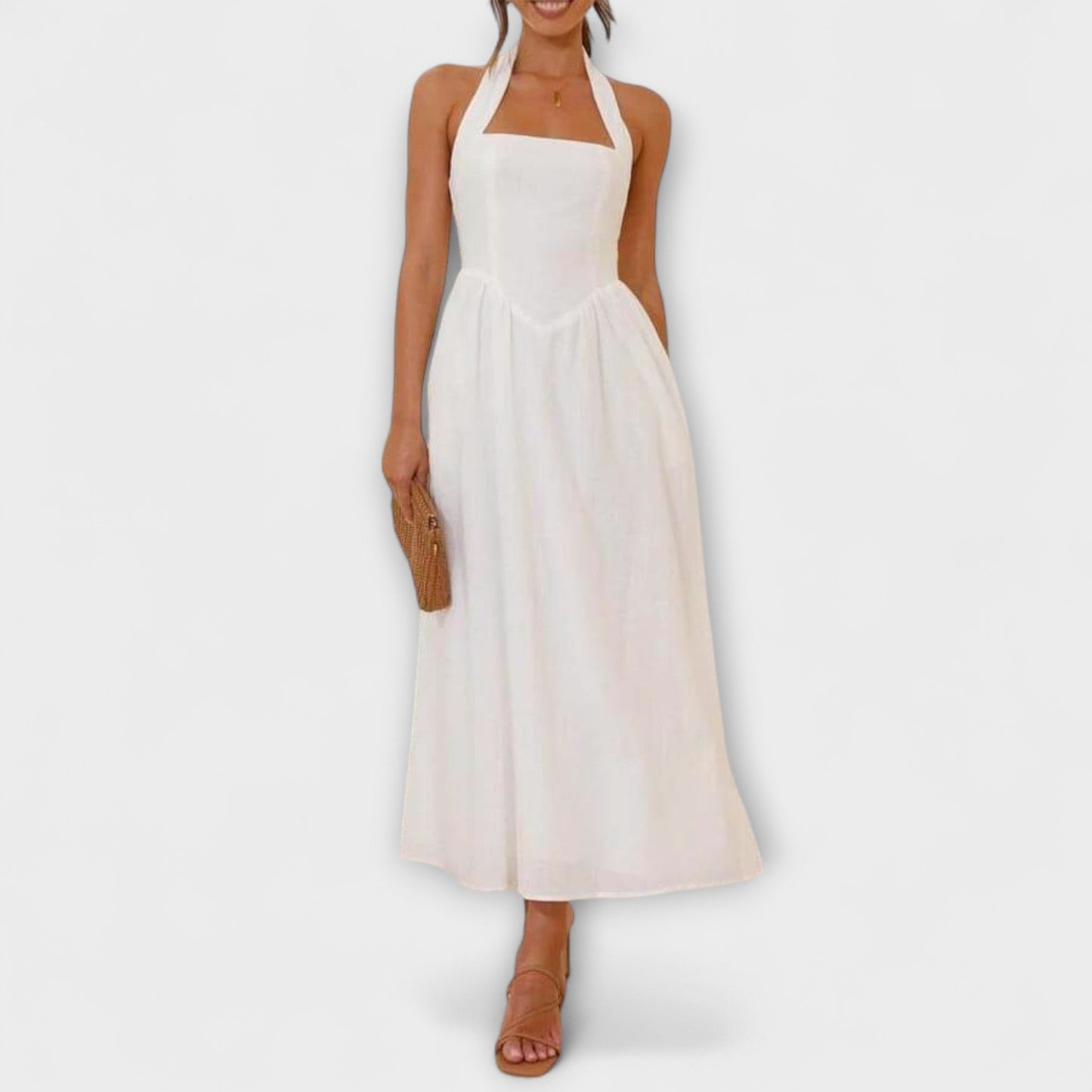 Lydia - Mid-Length Black Halter Dress with Waist Detail