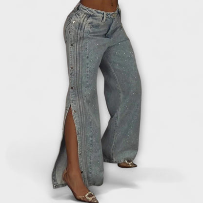 Nola - High-Waisted Jeans Embellished with Rhinestones and Side Buttons