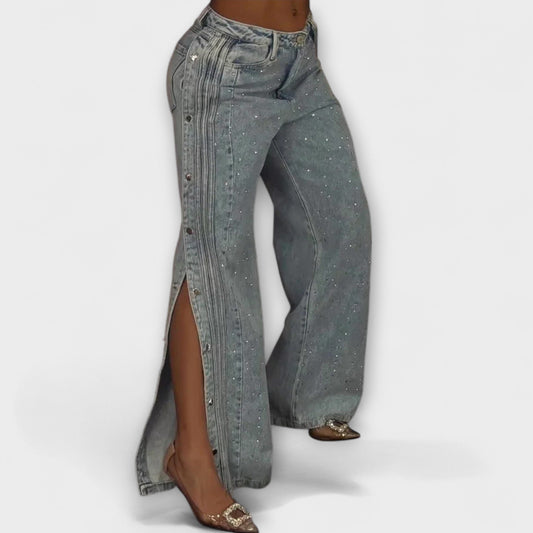 Nola - High-Waisted Jeans Embellished with Rhinestones and Side Buttons