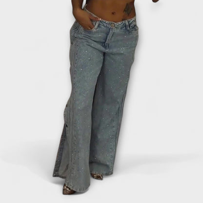Nola - High-Waisted Jeans Embellished with Rhinestones and Side Buttons