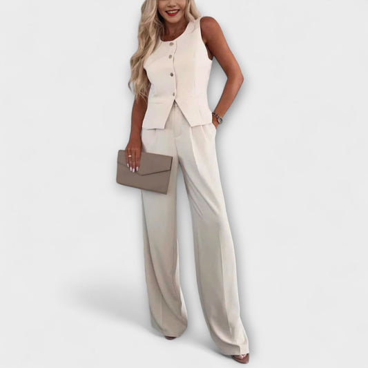 Hazel - Stylish Solid Color V-Neck Vest and Pants Two-Piece Set