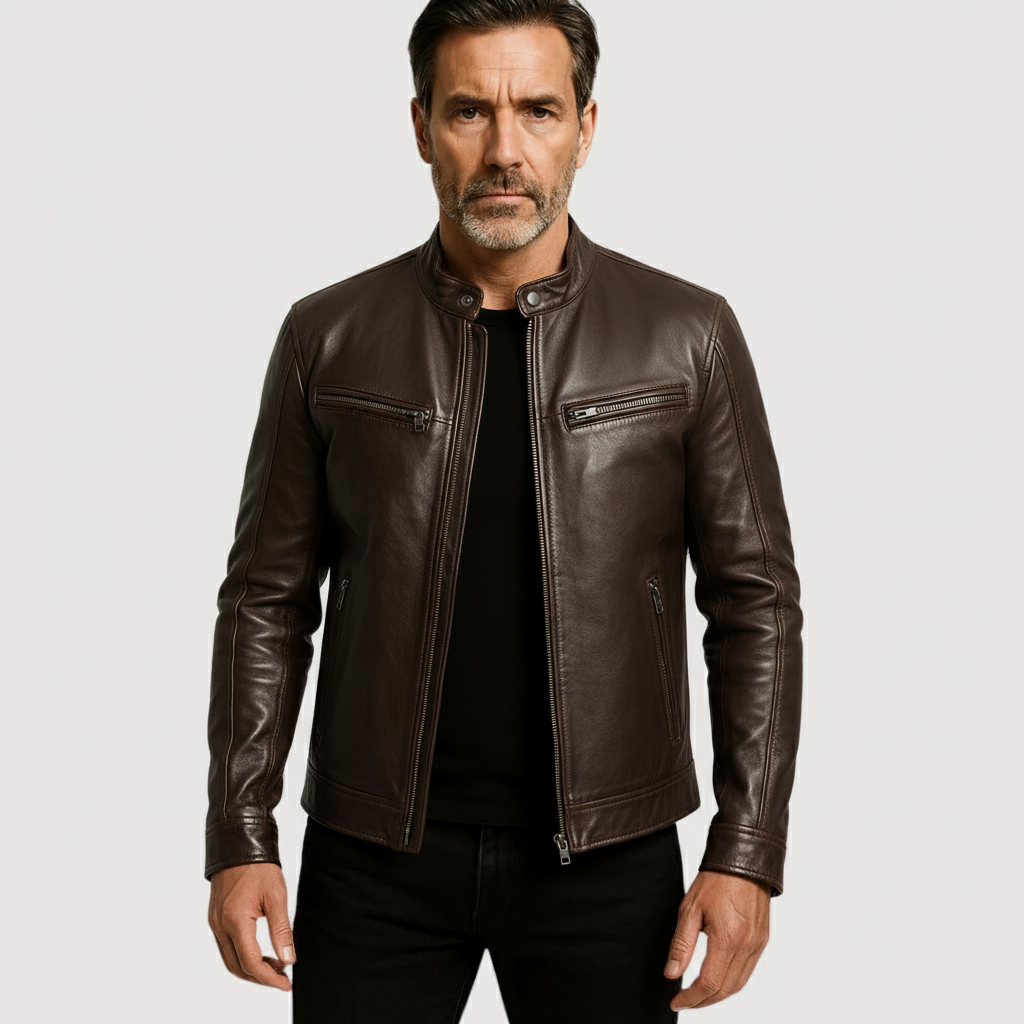 Man wearing a brown leather jacket on a light gray background